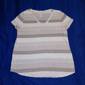 Women’s Short Sleeve Striped V-Neck Tee - Taupe & Cream